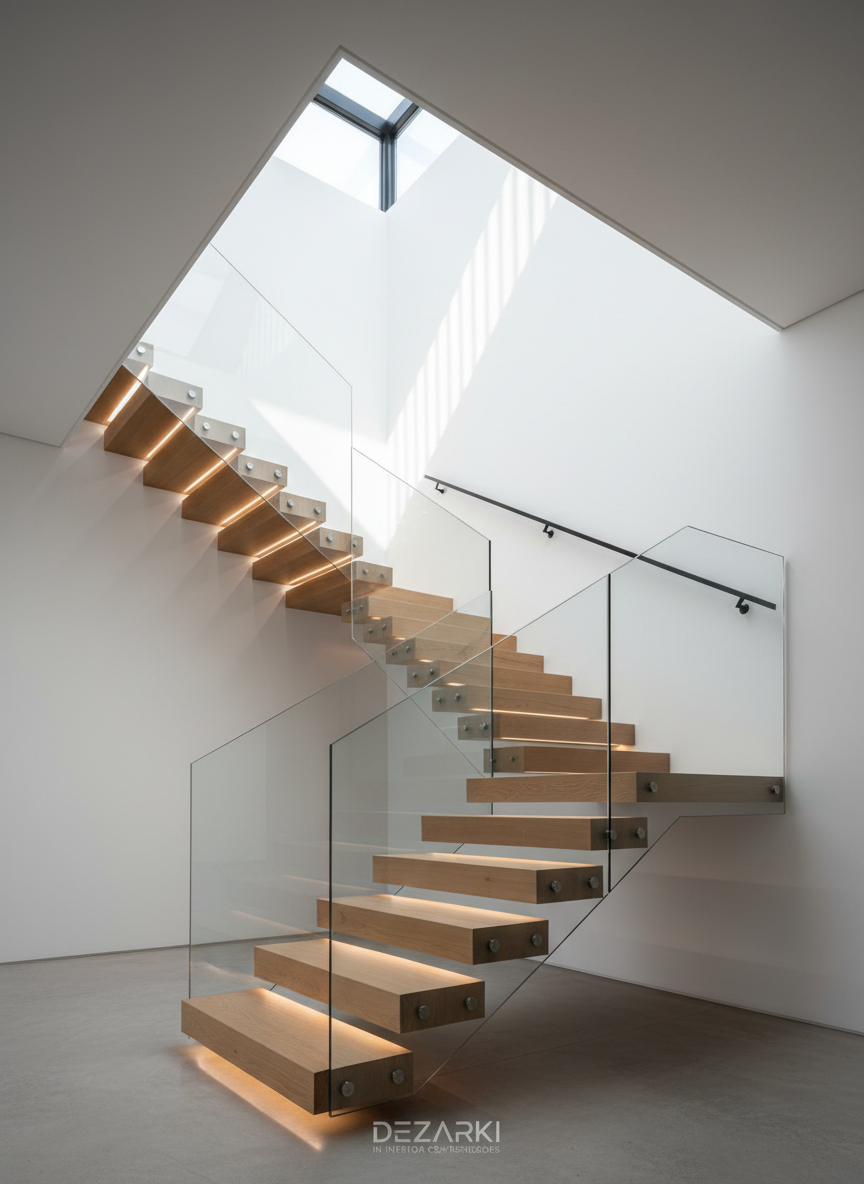 A refined, contemporary staircase feature inside a Gurugram luxury villa, with open-riser treads in solid oak cantilevered from a smooth white wall. A minimalistic glass balustrade with slender matte-black metal handrail runs alongside, allowing uninterrupted views of a double-height space washed in natural light from a skylight above. Shadows of slender window fins fall delicately across the stair, emphasizing its sculptural quality. The polished concrete floor below reflects soft highlights from concealed LED strip lighting beneath each tread. Photographic realism, captured from a low, upward-looking angle to dramatize the verticality and precision detailing. The atmosphere is serene, gallery-like, and architecturally bold, underlining DEZARKi’s skill in crafting functional elements as striking interior centerpieces.