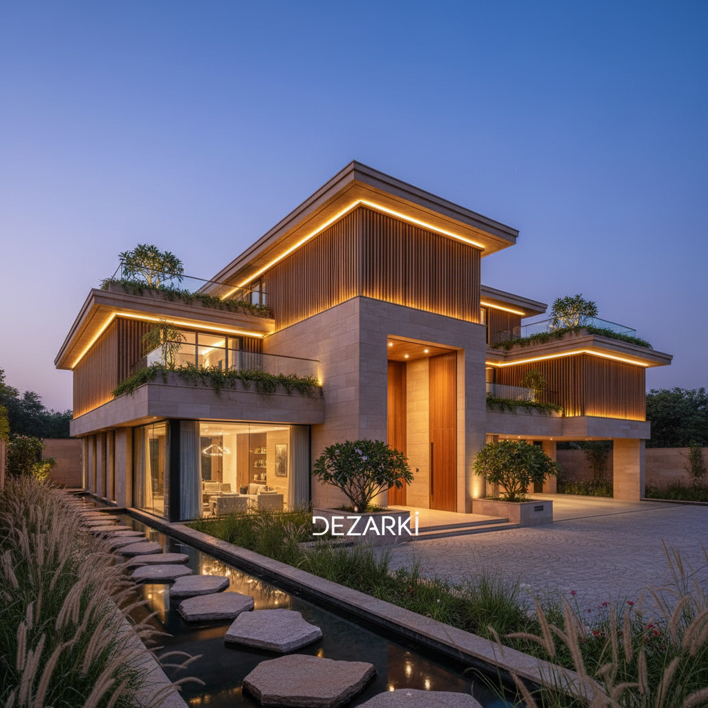 A luxurious yet sustainable high-end residence exterior in Delhi NCR at twilight, showcasing layered terraces, a double-height entrance volume, and a mix of sandstone cladding, vertical wooden fins, and dark aluminum frames. Integrated LED strip lighting traces key architectural lines, while warm light glows from within large glazed openings, hinting at bespoke interiors. A water body with stepping stones and native planting softens the approach driveway finished in textured pavers. The sky transitions from deep blue to indigo, providing a dramatic backdrop. Photographic realism, captured from a slightly elevated three-quarter angle to reveal façade depth, landscape integration, and overall massing. The mood is refined, aspirational, and serene, emphasizing DEZARKi’s expertise in creating modern architectural marvels that harmonize sustainability, luxury, and functional family living.