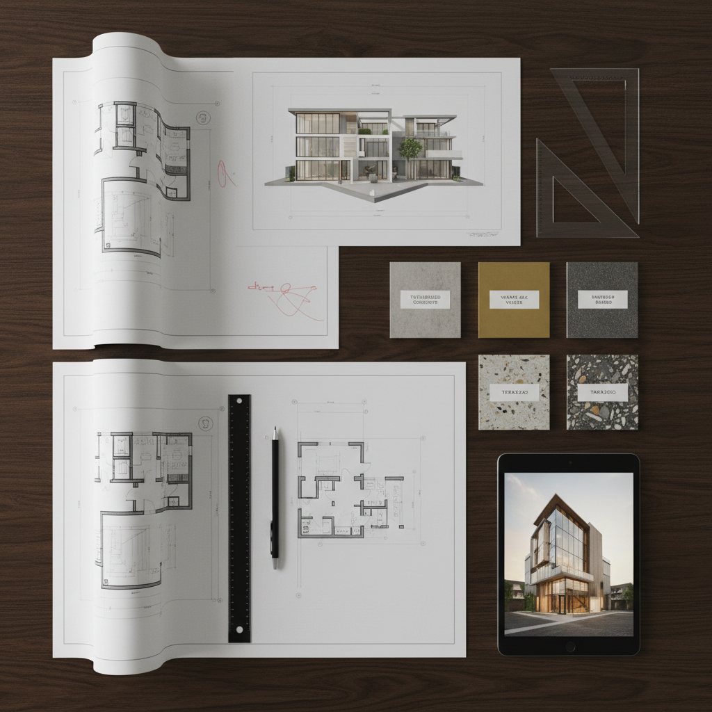 A meticulously detailed architectural plans-and-materials flatlay on a dark walnut studio table in a Gurgaon design office. Large-format printed floor plans and 3D render samples are laid out with precision, alongside labeled material swatches: textured concrete, warm oak veneer, brushed brass, terrazzo, and sustainable bamboo. A slim, matte-black metal scale, architectural triangles, and a tablet displaying a photorealistic façade render complete the arrangement. Overhead diffused studio lighting creates soft, shadowless illumination that makes every texture clearly visible. Photographic realism, captured from a top-down, bird’s-eye view with sharp focus across the frame. The atmosphere is highly professional, meticulous, and design-driven, capturing the essence of a turnkey architecture and interior studio carefully curating every detail for clients in Gurugram.