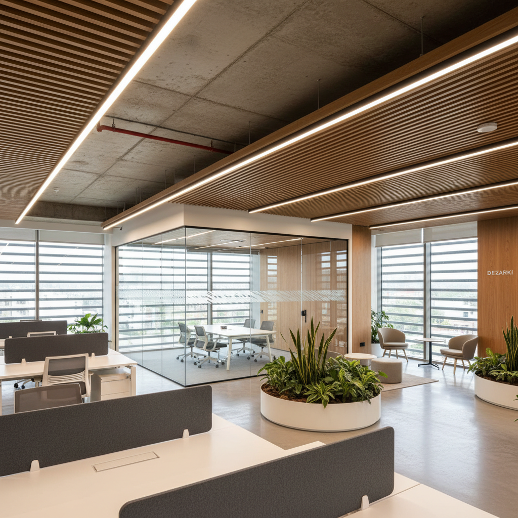 A sophisticated, sustainable office interior in Gurugram, with an open-plan layout featuring exposed concrete ceilings, linear LED lighting, and acoustic wooden slat panels. Workstations with sleek white desks and charcoal partitions are arranged to maximize natural light from large glazed windows with external shading fins. Planters with hardy indoor plants define collaborative zones, while a glass-enclosed meeting room with minimalist joinery anchors the space. Bright yet soft daylight combines with warm artificial light, creating a balanced, productive ambiance. Photographic realism, captured from a slightly elevated corner angle to show depth, circulation paths, and layered spaces. The mood is efficient, contemporary, and eco-conscious, highlighting DEZARKi’s expertise in blending innovative architecture, ergonomic planning, and refined interior detailing for corporate environments in Delhi NCR.