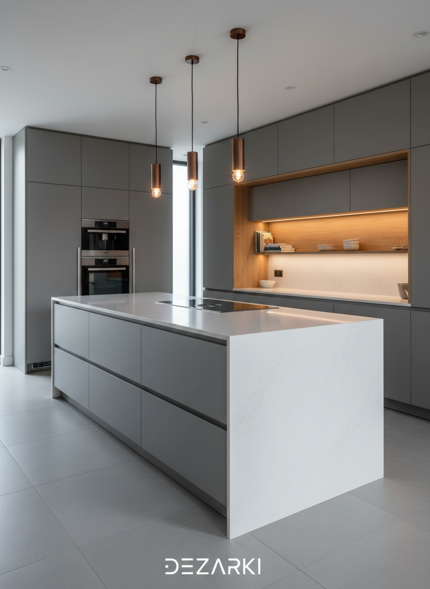 A sleek, high-end modular kitchen interior in Gurgaon, featuring a long island with waterfall-edge white quartz countertop and integrated induction hob. The back wall hosts handle-less matte grey cabinetry with warm oak open shelves, subtly lit by concealed LED strips. A full-height pantry unit and built-in appliances are perfectly aligned, reflecting meticulous planning. Soft, cool daylight enters from a side window, balanced by warm pendant lighting above the island, creating an inviting yet professional ambiance. Photographic realism, shot at a three-quarter angle to reveal work triangle efficiency, storage hierarchy, and circulation space. The mood is clean, modern, and highly functional, demonstrating DEZARKi’s expertise in bespoke interior design that fuses contemporary aesthetics with everyday usability for homes in Delhi NCR.