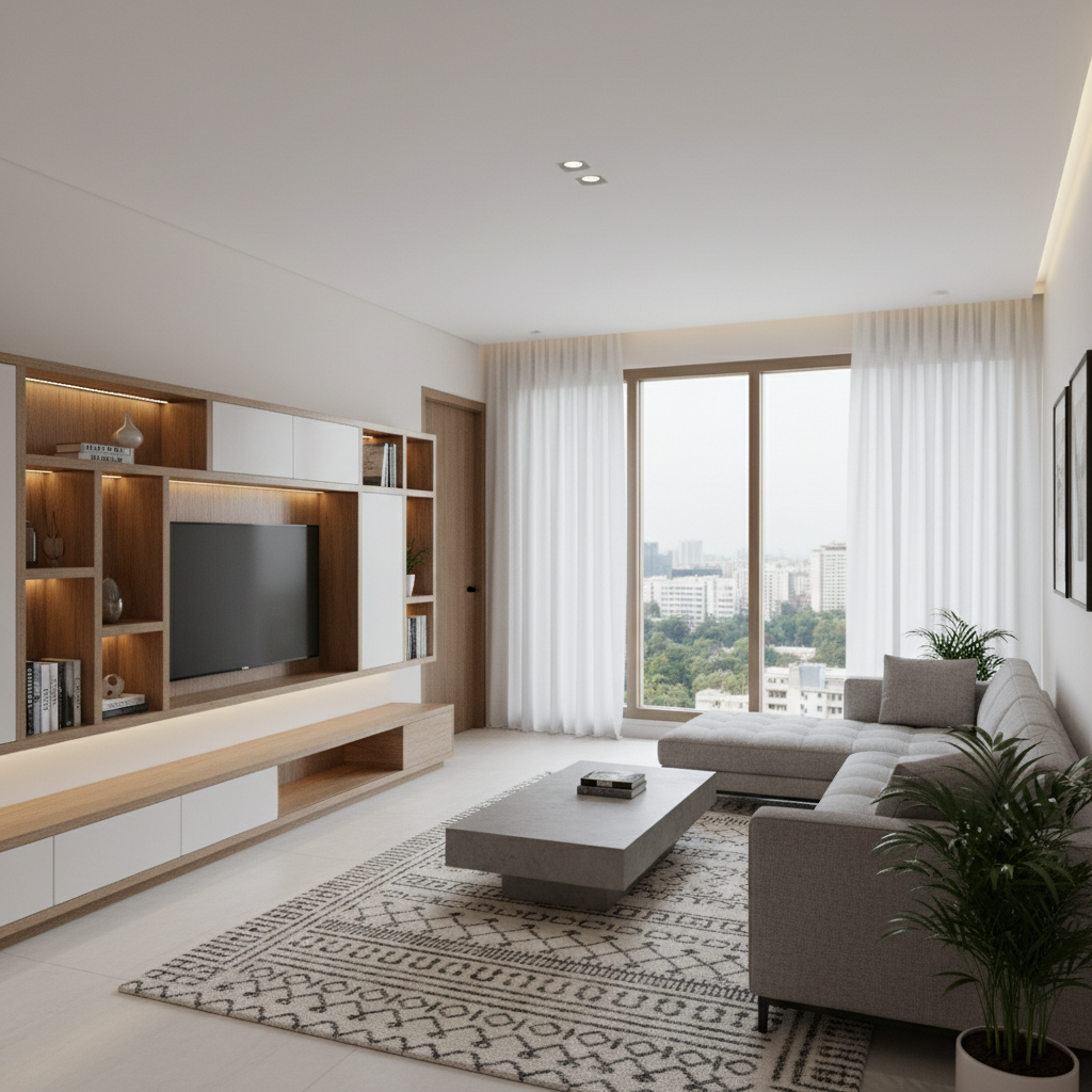 An elegant, modern living room interior designed in Gurgaon, with a neutral palette of warm whites, soft greys, and natural wood. A custom built-in entertainment unit in matte oak and white laminate seamlessly integrates storage niches and concealed lighting. A low, modular sofa in textured fabric faces a minimalist coffee table on a hand-tufted rug, while full-height windows with sheer curtains reveal a blurred cityscape. Diffused daylight fills the room, complemented by discreet recessed ceiling lights, creating soft, even illumination. Photographic realism, shot at eye level with a wide composition that captures the full space, emphasizing spatial flow and functional zoning. The atmosphere is calm, sophisticated, and highly livable, showcasing bespoke interior design that balances aesthetics with everyday practicality.