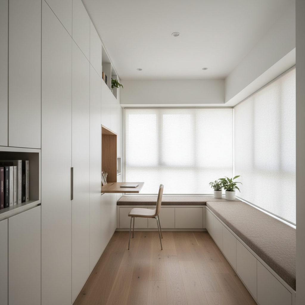 A compact yet brilliantly planned Gurgaon apartment interior, highlighting space optimization by DEZARKi. A custom floor-to-ceiling storage wall in matte white with integrated niches, hidden doors, and a fold-down study desk maximizes functionality. Opposite, a sleek built-in seating bench with under-seat drawers, upholstered in textured taupe fabric, runs beneath a continuous window. Soft daylight pours in through sheer blinds, creating gentle highlights on the cabinetry and subtle reflections on a pale oak floor. Photographic realism, captured at eye level with a slightly wide lens to emphasize depth and clever storage solutions. The mood is efficient, calm, and highly intelligent, showcasing how thoughtful interior architecture can transform even modest Delhi NCR homes into refined, clutter-free, and beautifully designed spaces.